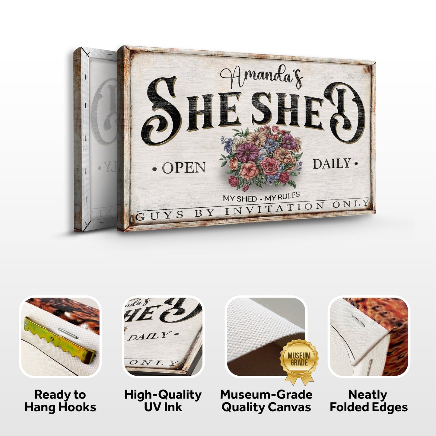 Canvas Personalized She Shed Sign XIII with rustic frame by Tailored Canvases on Tampa Home & Garden Store