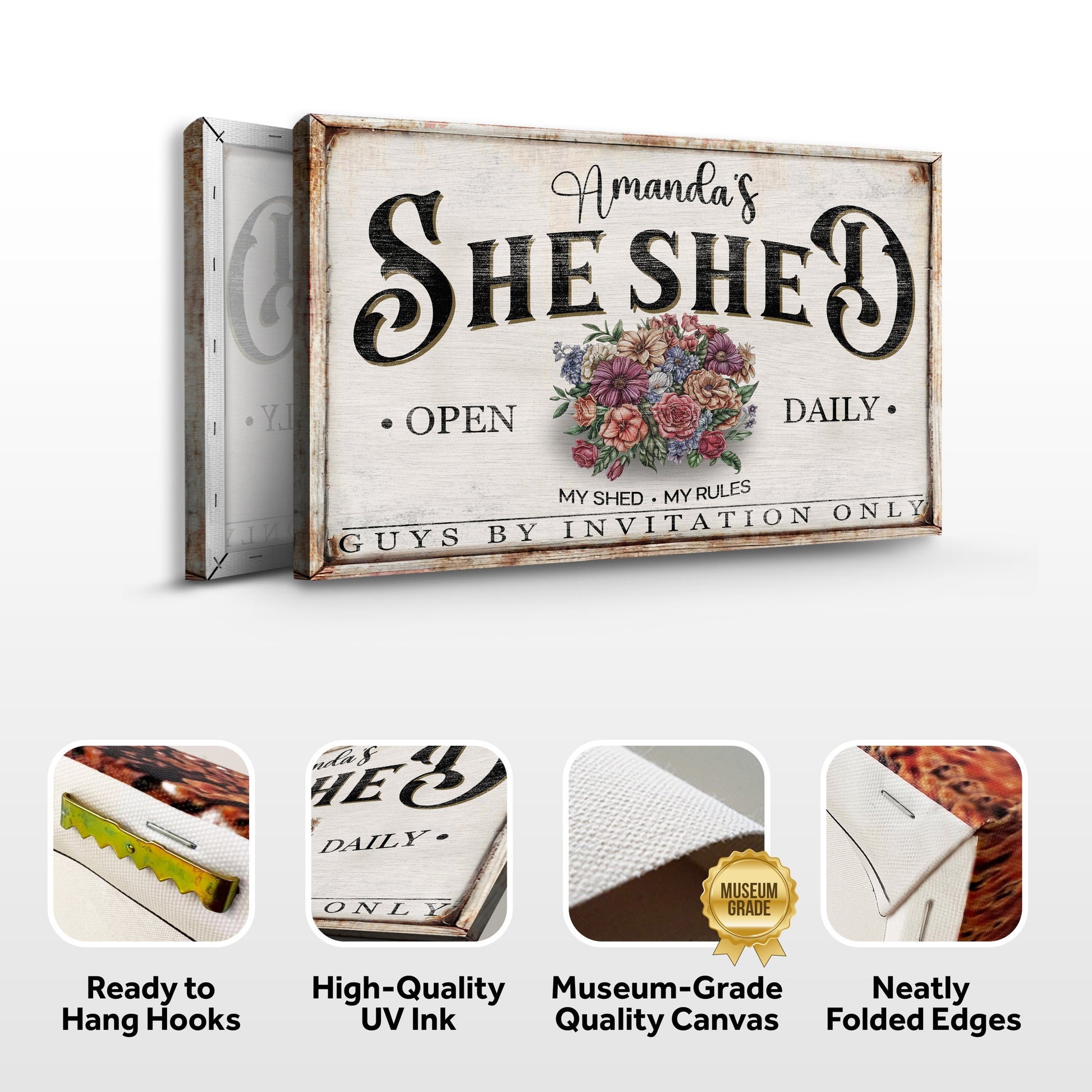 Canvas Personalized She Shed Sign XIII with rustic frame by Tailored Canvases on Tampa Home & Garden Store