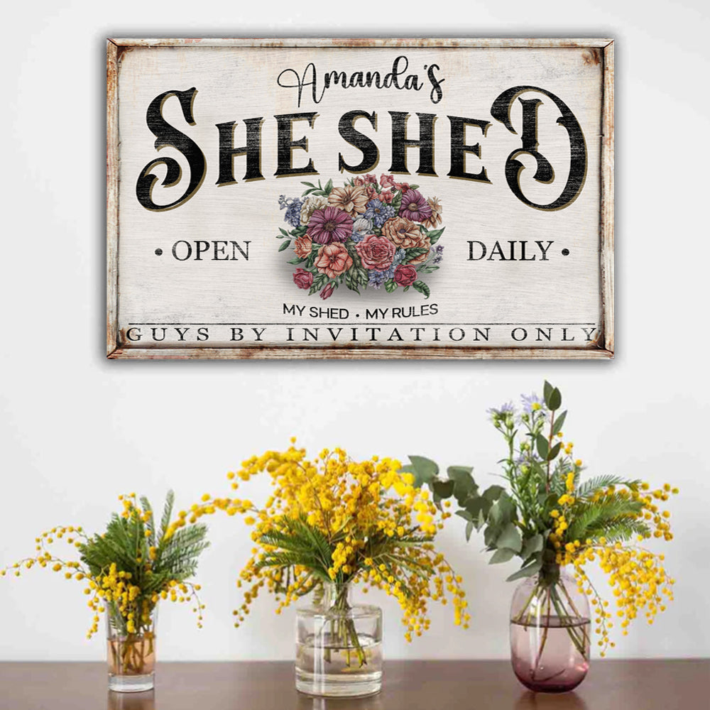 Personalized She Shed Sign XIII canvas by Tailored Canvases with rustic frame; three mimosa vases on Tampa Home & Garden Store