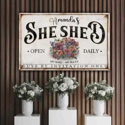 Personalized She Shed Sign XIII canvas by Tailored Canvases with a colorful floral bouquet on Tampa Home & Garden Store