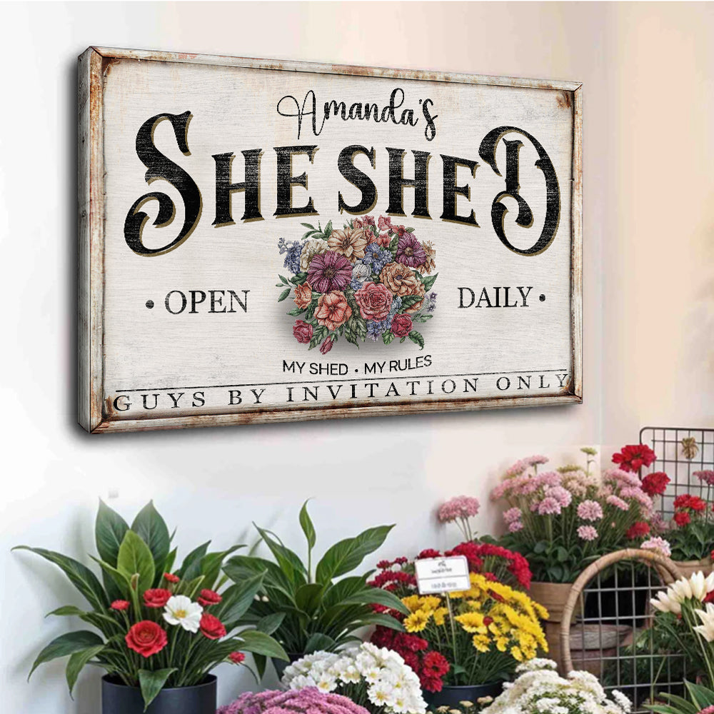 Personalized She Shed Sign canvas by Tailored Canvases with white wood look and bouquet on Tampa Home & Garden Store