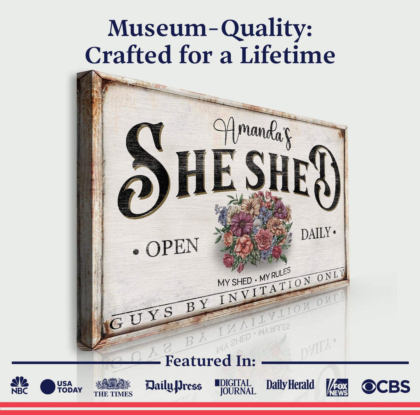 Personalized She Shed Sign XIII canvas with rustic wood frame and colorful flower bouquet on Tampa Home & Garden Store