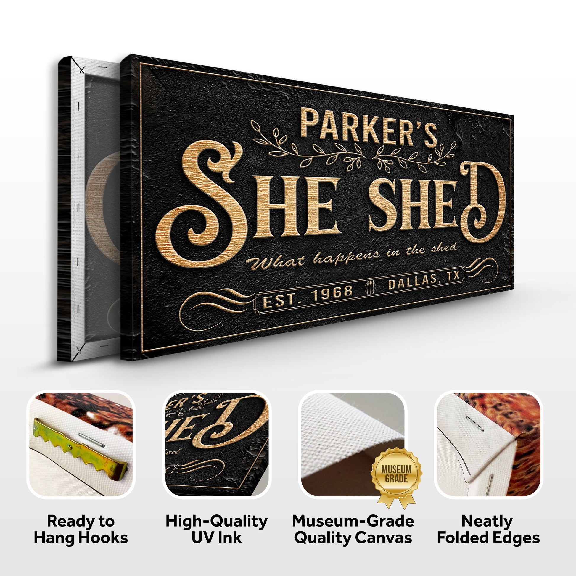 Personalized She Shed Sign XX canvas with black texture and gold foil lettering by Tailored Canvases on Tampa Home & Garden Store