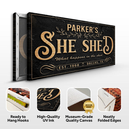 Personalized She Shed Sign XX canvas with black texture and gold foil lettering by Tailored Canvases on Tampa Home & Garden Store
