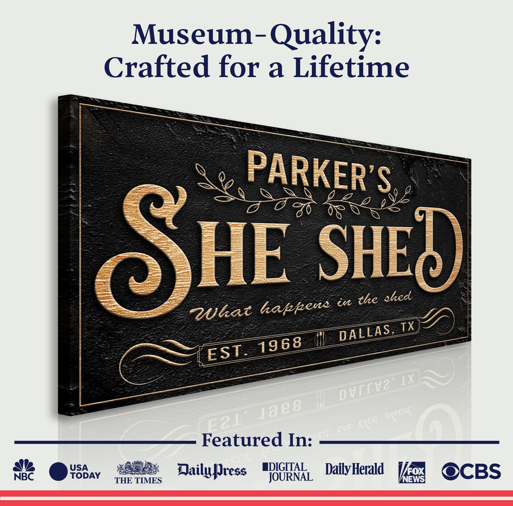 Personalized She Shed Sign XX canvas by Tailored Canvases; black canvas with gold lettering on Tampa Home & Garden Store