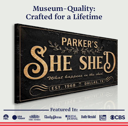Personalized She Shed Sign XX canvas by Tailored Canvases; black canvas with gold lettering on Tampa Home & Garden Store