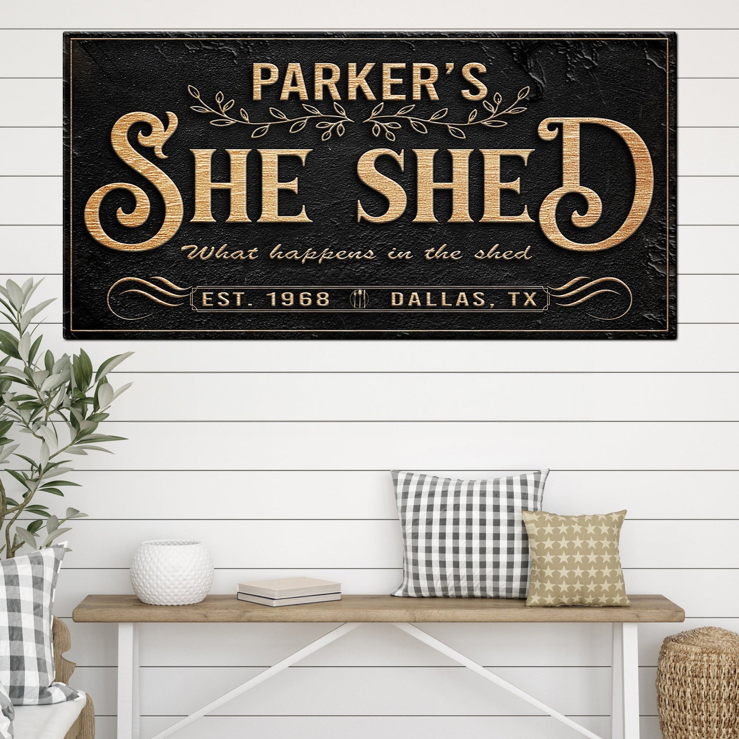 Personalized She Shed Sign XX canvas by Tailored Canvases, black textured with copper lettering on Tampa Home & Garden Store