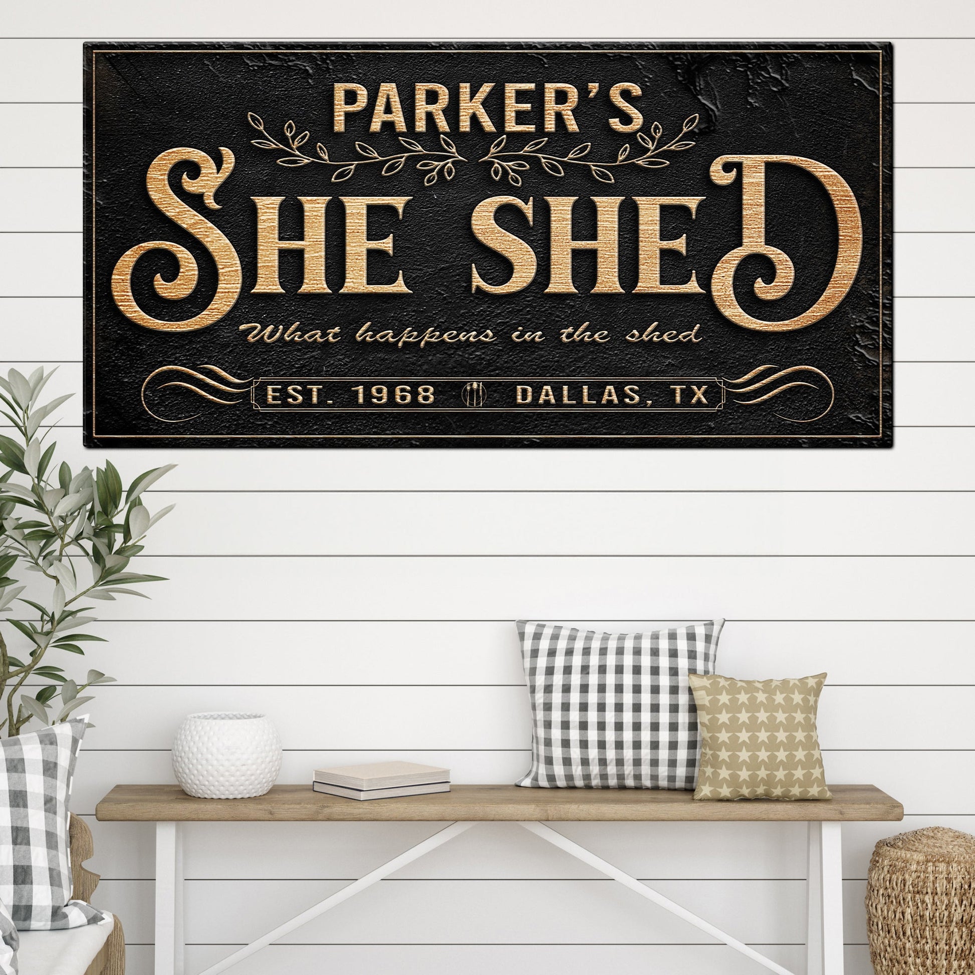 Personalized She Shed Sign XX canvas by Tailored Canvases, black textured with copper lettering on Tampa Home & Garden Store
