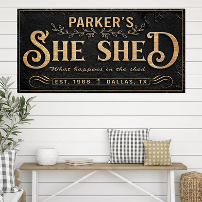 Personalized She Shed Sign XX canvas by Tailored Canvases, black textured with copper lettering on Tampa Home & Garden Store