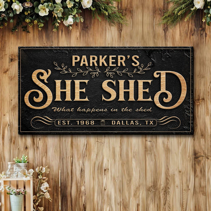 Personalized She Shed Sign XX canvas by Tailored Canvases, black with gold lettering on Tampa Home & Garden Store