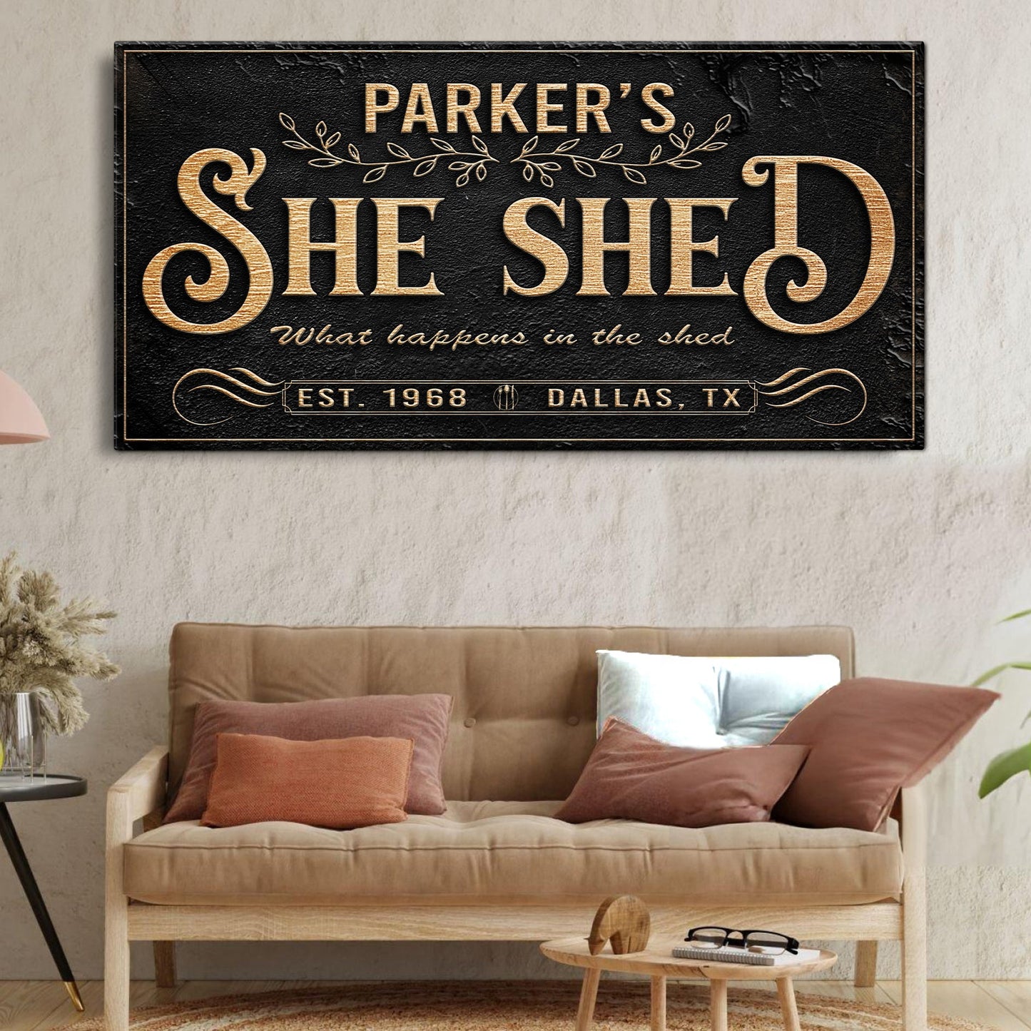 She Shed sign canvas by Tailored Canvases with gold lettering on black texture on Tampa Home & Garden Store