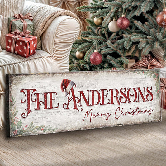 Tailored Canvases Christmas Family Name Sign II canvas craft sign with red script in setting on Tampa Home & Garden Store