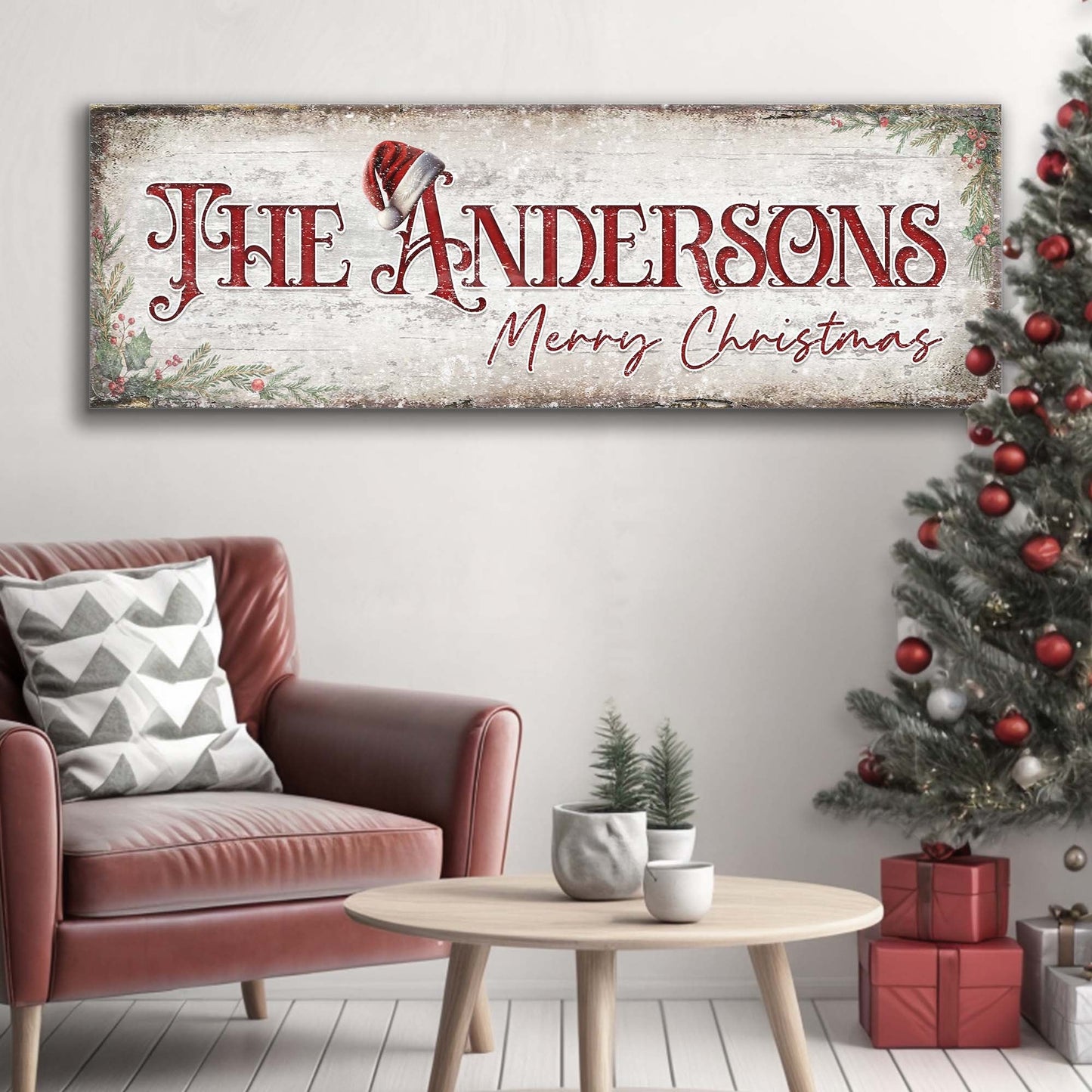Christmas Family Name Sign II canvas by Tailored Canvases with rustic wood and red ornate name on Tampa Home & Garden Store