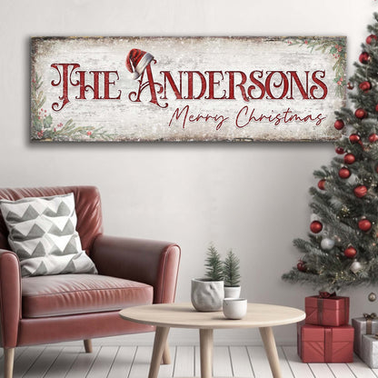 Christmas Family Name Sign II canvas by Tailored Canvases with rustic wood and red ornate name on Tampa Home & Garden Store