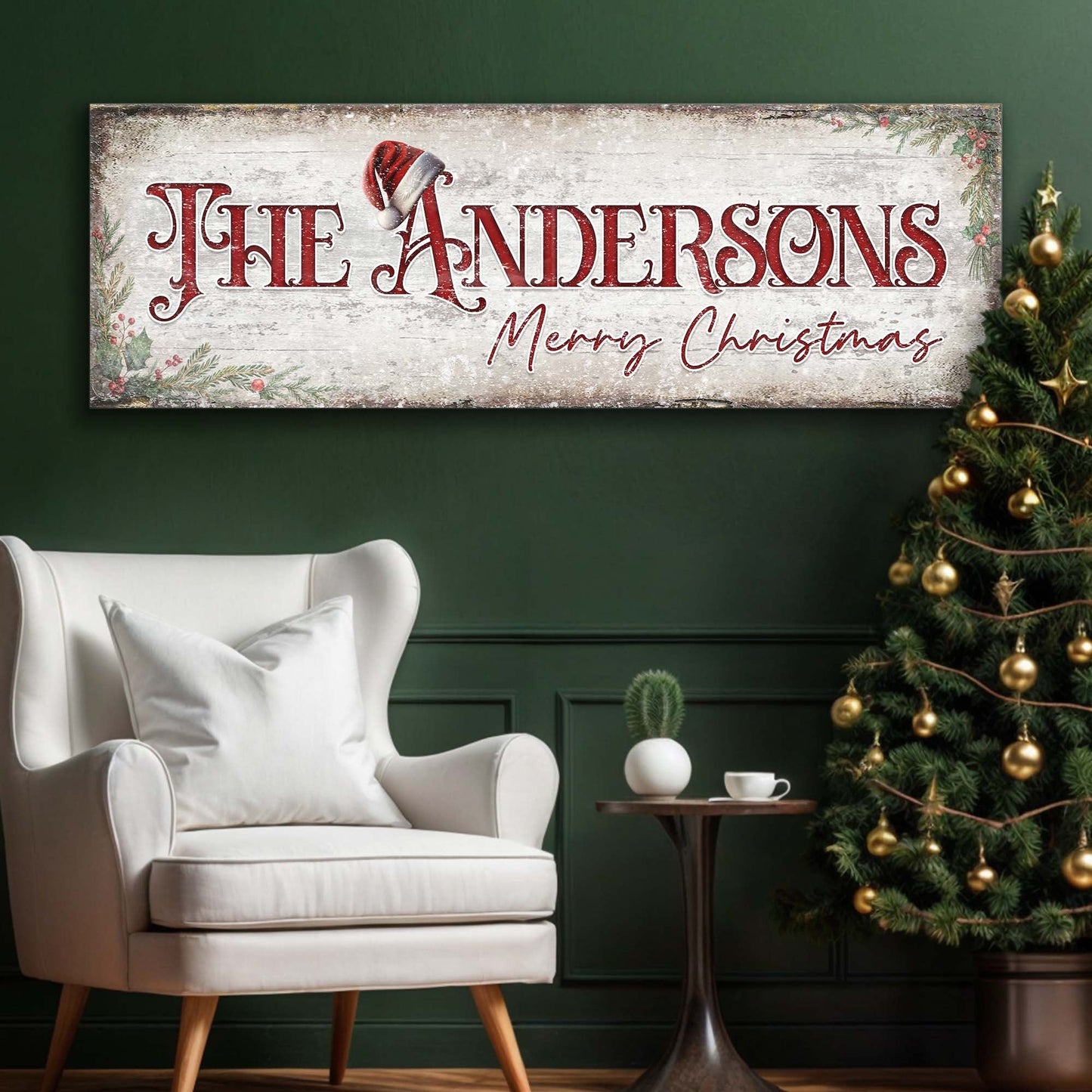 Christmas Family Name Sign II canvas; distressed white wood with red THE ANDERSONS and Santa hat on Tampa Home & Garden Store