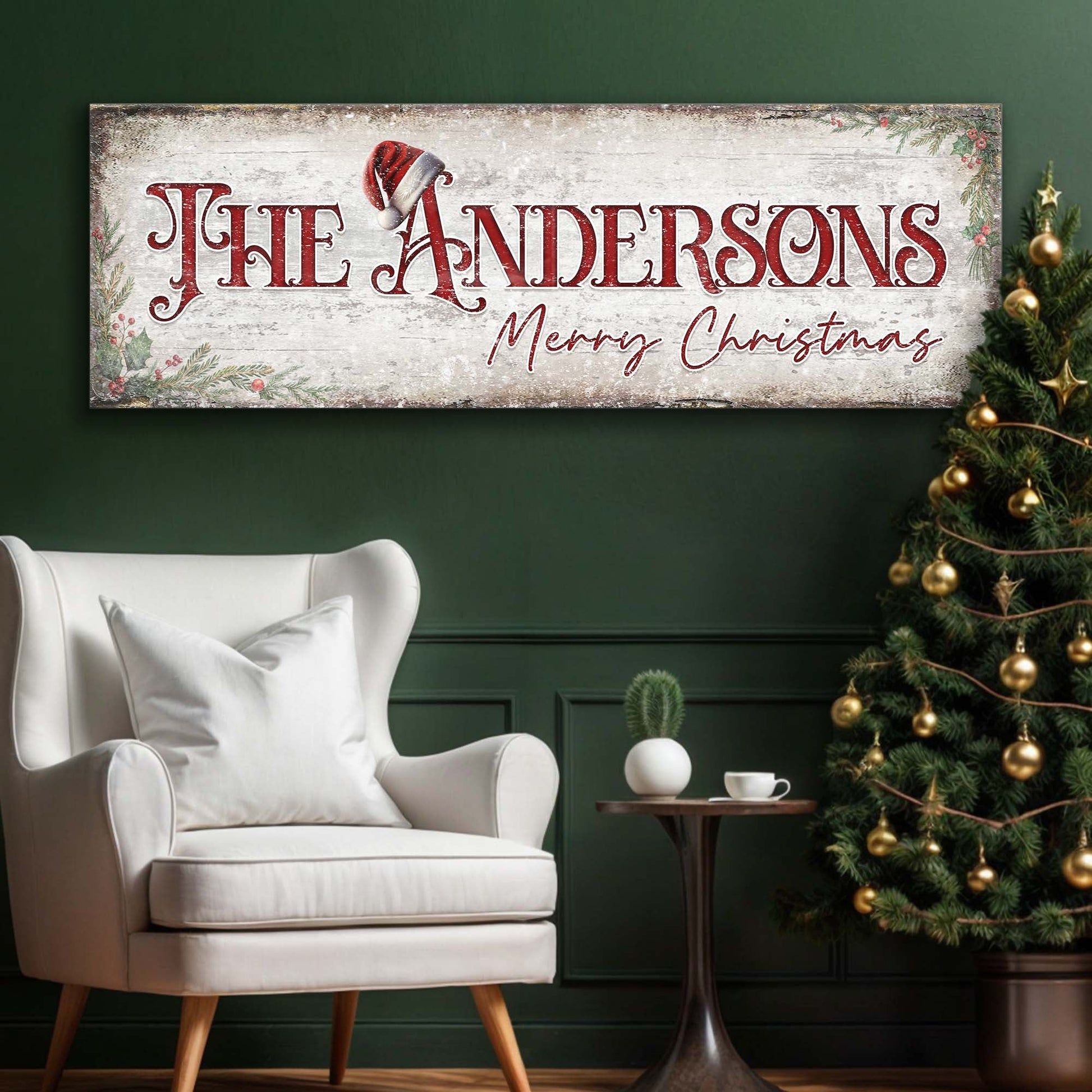 Christmas Family Name Sign II canvas; distressed white wood with red THE ANDERSONS and Santa hat on Tampa Home & Garden Store