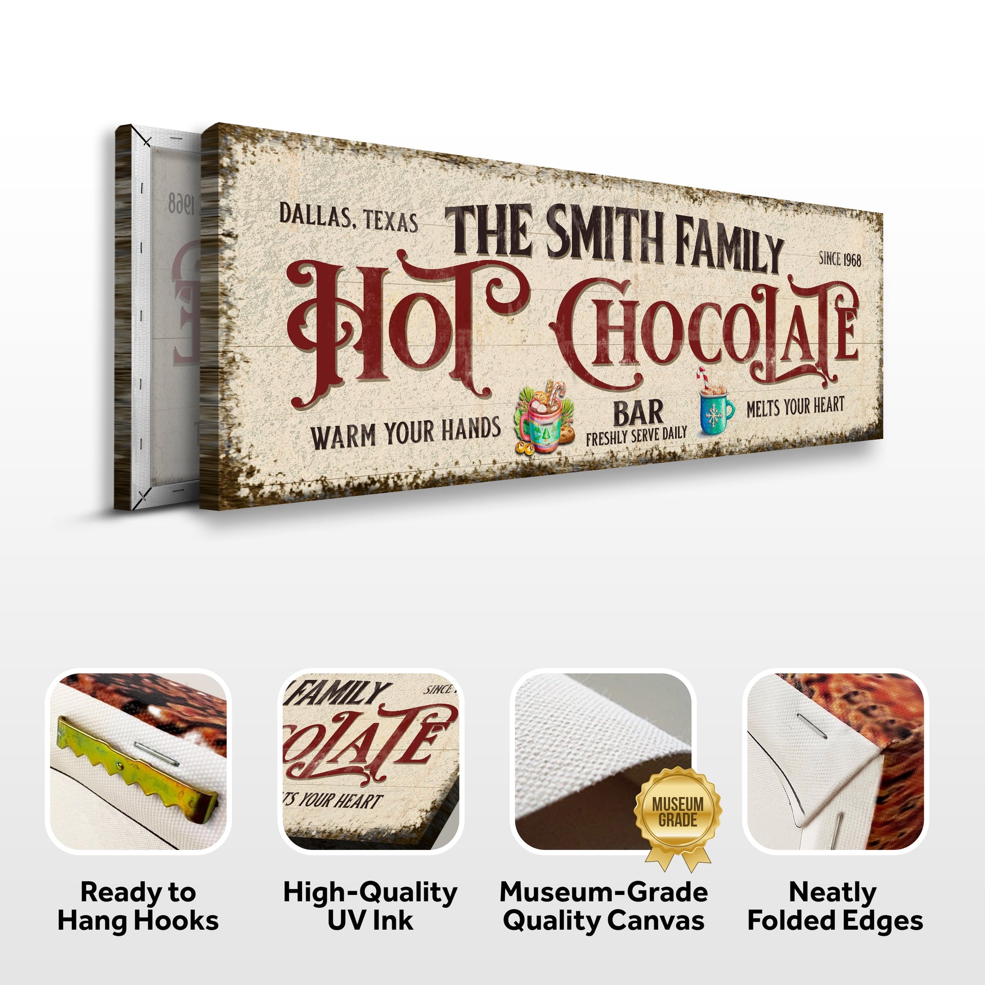 Hot Chocolate Christmas Bar Sign canvas rustic beige distressed look by Tailored Canvases on Tampa Home & Garden Store