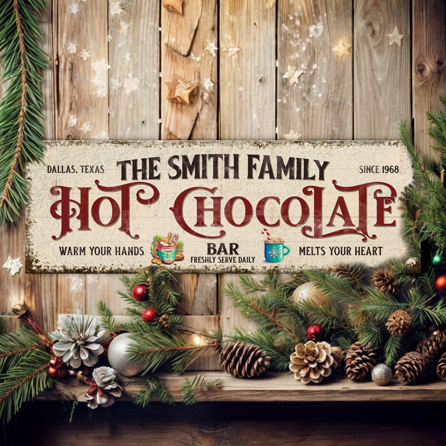 Hot Chocolate Christmas Bar Sign canvas by Tailored Canvases with rustic wood backdrop on Tampa Home & Garden Store