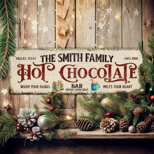 Hot Chocolate Christmas Bar Sign canvas by Tailored Canvases with rustic wood backdrop on Tampa Home & Garden Store