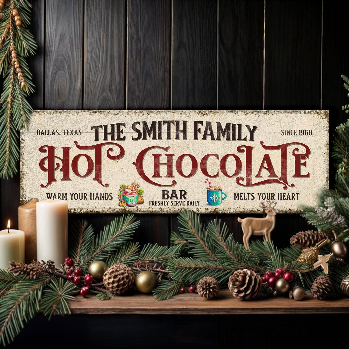 Hot Chocolate Christmas Bar Sign canvas rustic cream with large red Hot Chocolate text on Tampa Home & Garden Store