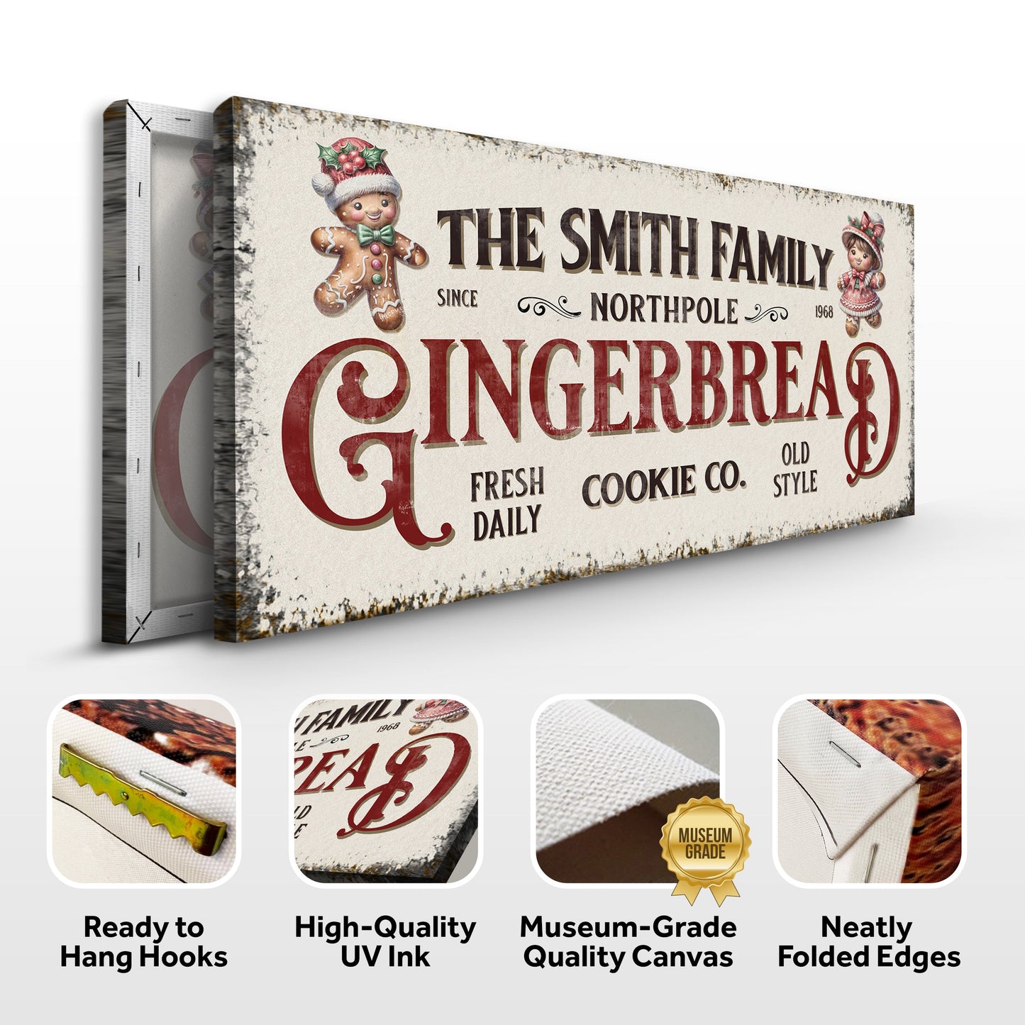 Family Gingerbread Bakery Christmas Sign Tailored Canvases vintage typography gingerbread figures on Tampa Home & Garden Store