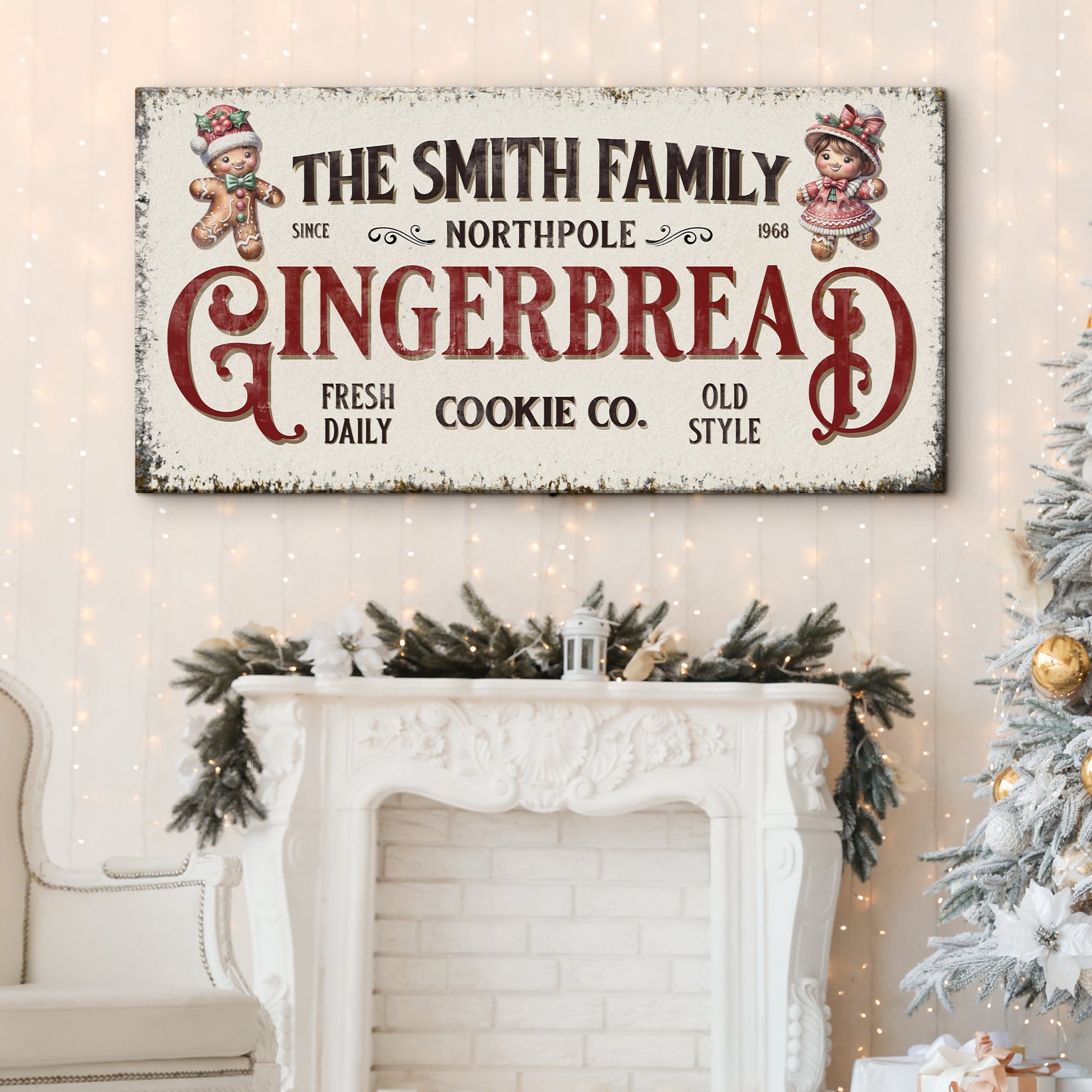 Family Gingerbread Bakery Christmas Sign canvas vintage cream with gingerbread on Tampa Home & Garden Store