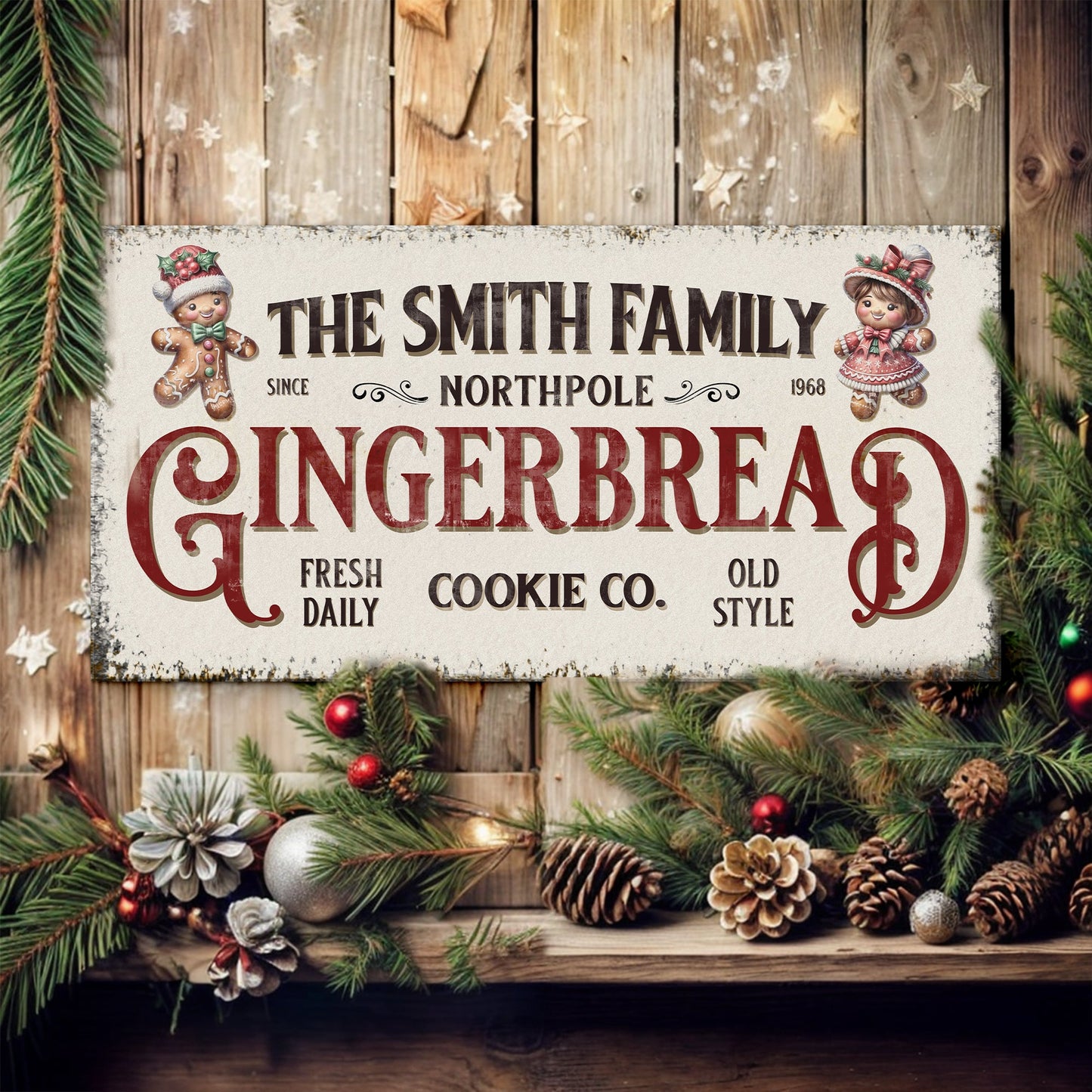 Family Gingerbread Bakery Christmas Sign canvas with vintage typography and gingerbread figures on Tampa Home & Garden Store