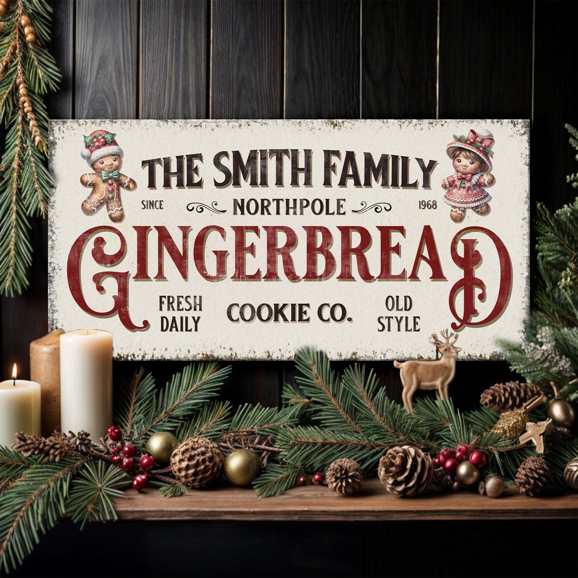 Gingerbread Bakery canvas sign by Tailored Canvases with 2 gingerbread figures amid decor on Tampa Home & Garden Store