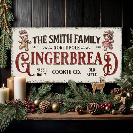 Gingerbread Bakery canvas sign by Tailored Canvases with 2 gingerbread figures amid decor on Tampa Home & Garden Store