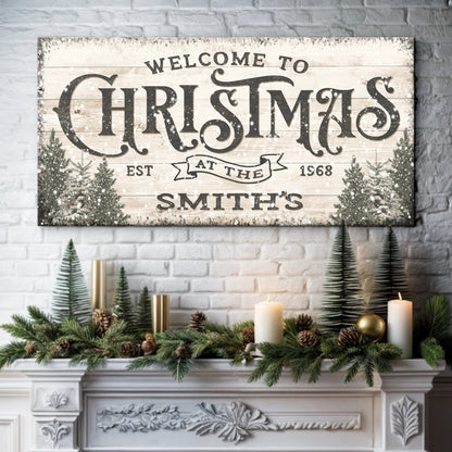 Family Welcome To Christmas Sign III canvas by Tailored Canvases on rustic wood backdrop on Tampa Home & Garden Store