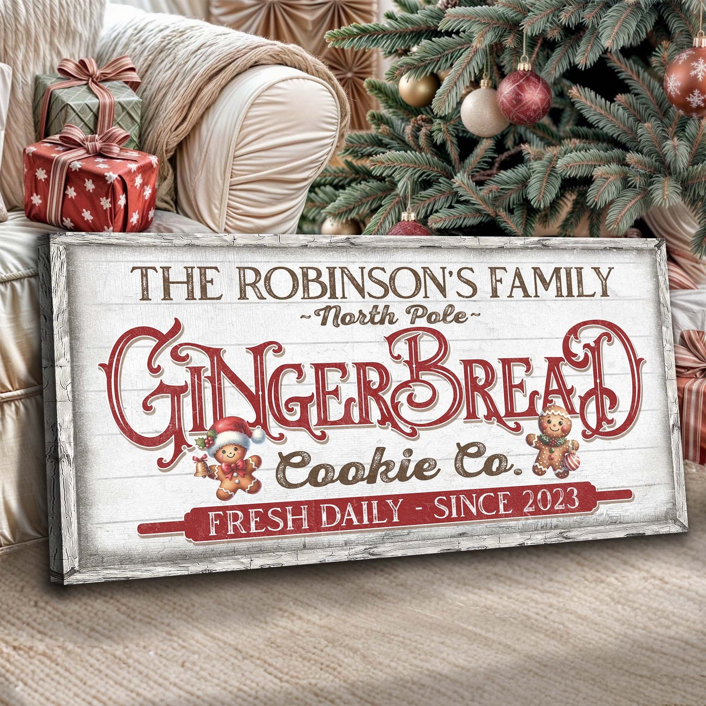 Classic Bakery Sign canvas by Tailored Canvases; whitewashed board with red lettering on Tampa Home & Garden Store
