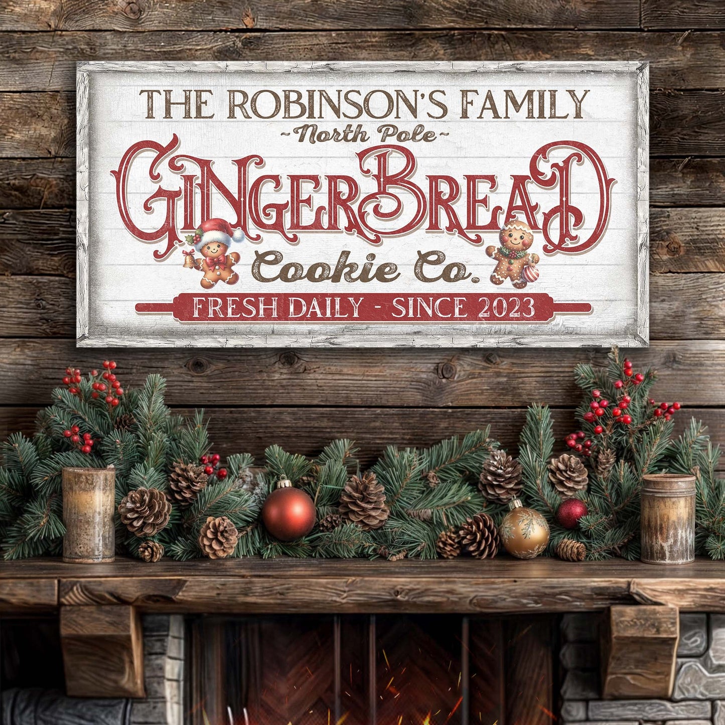 Classic Bakery Sign canvas wall art with gingerbread figures on a white distressed panel on Tampa Home & Garden Store