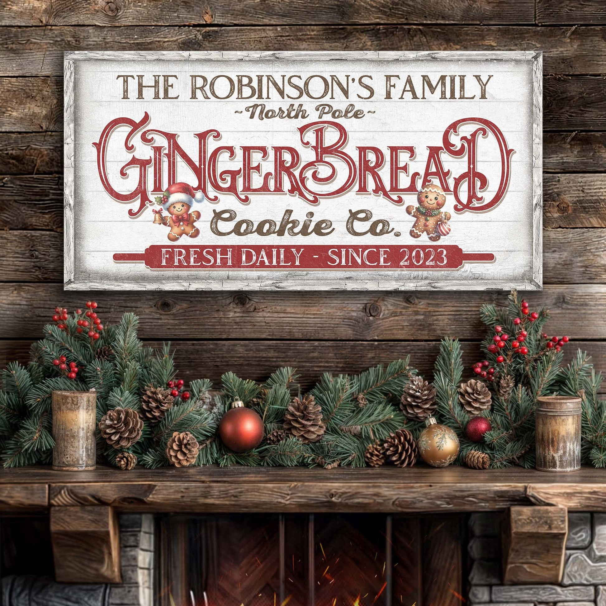 Classic Bakery Sign canvas wall art with gingerbread figures on a white distressed panel on Tampa Home & Garden Store