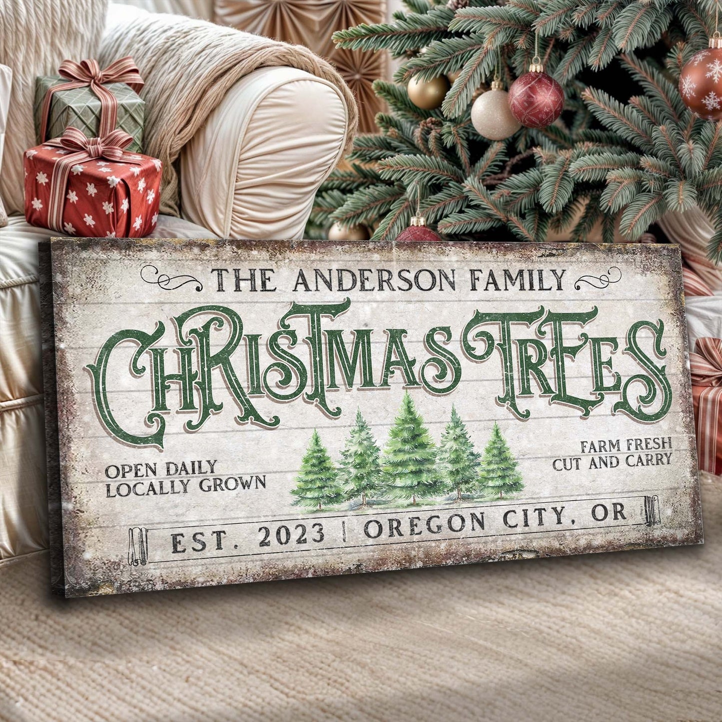 Family Christmas Tree Farm Sign IV canvas crafting decor with weathered sign and pine trees on Tampa Home & Garden Store