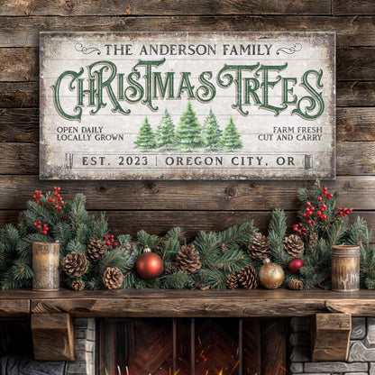 Family Christmas Trees canvas sign with green lettering and pine trees on rustic wood backdrop on Tampa Home & Garden Store