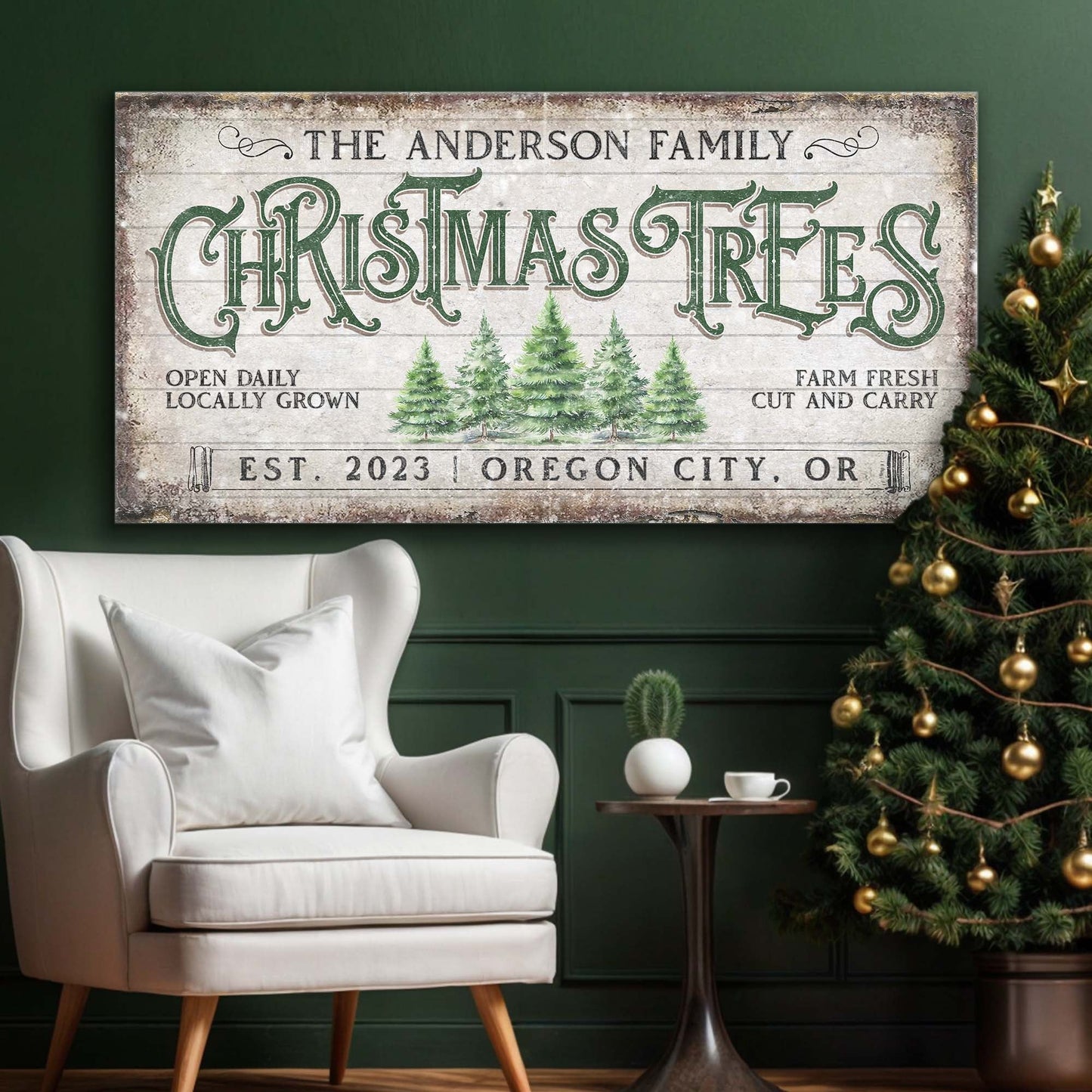 Tailored Canvases Christmas Tree Farm Sign IV canvas with green CHRISTMAS TREES lettering on Tampa Home & Garden Store