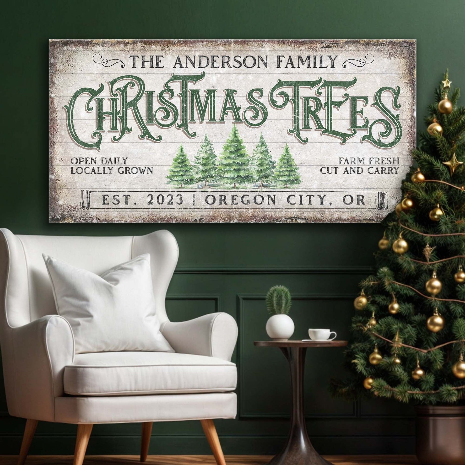 Tailored Canvases Christmas Tree Farm Sign IV canvas with green CHRISTMAS TREES lettering on Tampa Home & Garden Store