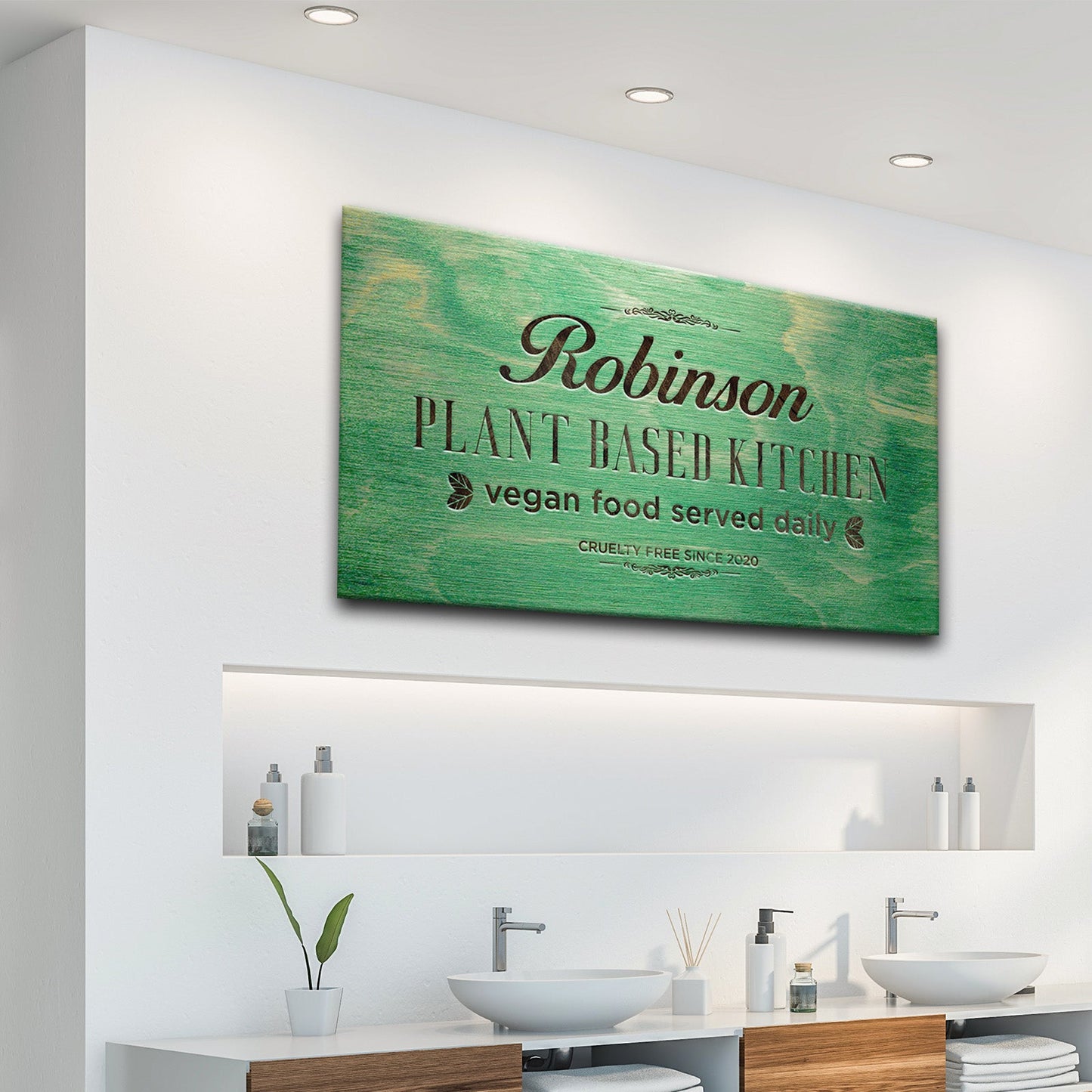 Canvas sign Plant Based Kitchen in green distressed wood by Tailored Canvases on Tampa Home & Garden Store