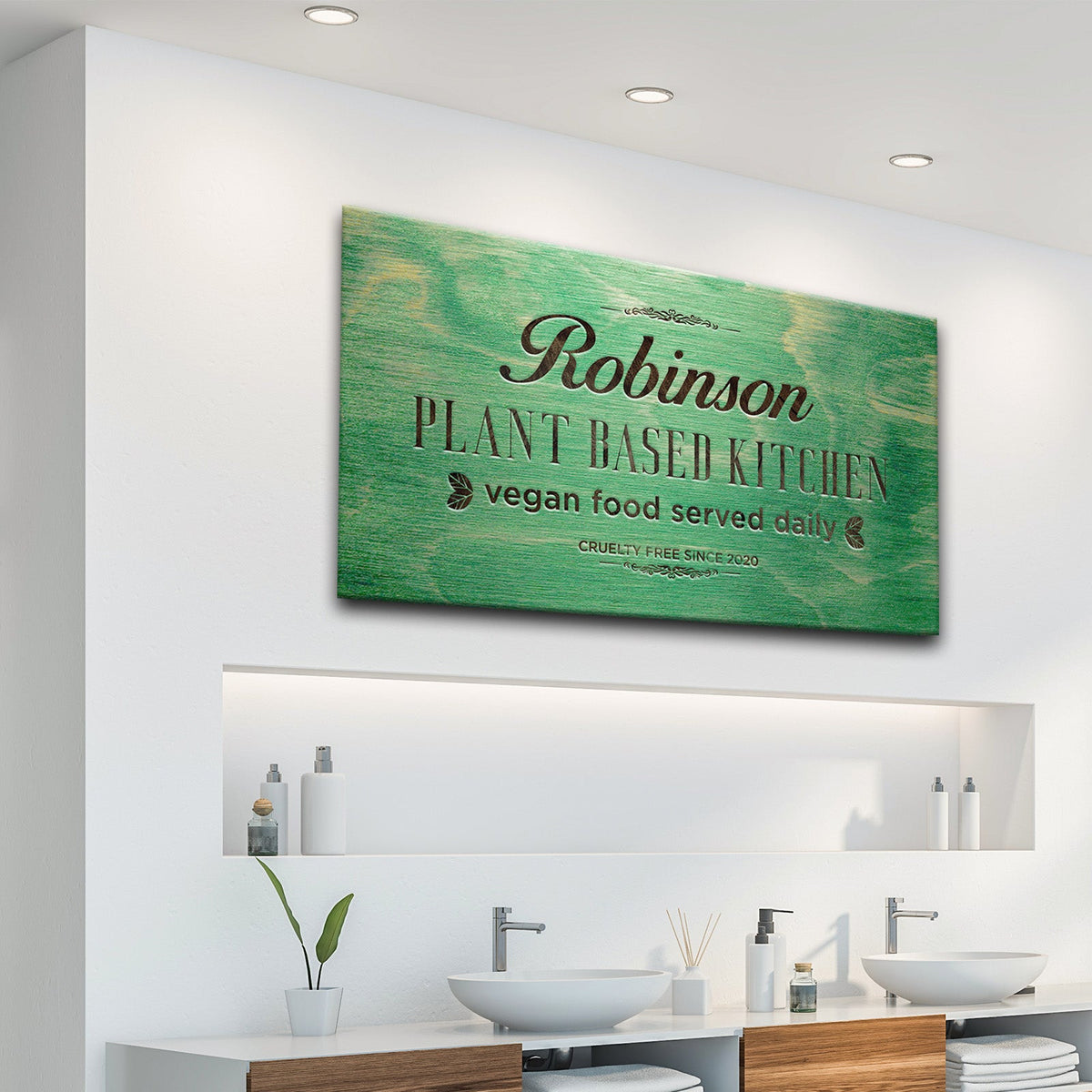 Canvas sign Plant Based Kitchen in green distressed wood by Tailored Canvases on Tampa Home & Garden Store