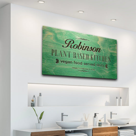 Canvas sign Plant Based Kitchen in green distressed wood by Tailored Canvases on Tampa Home & Garden Store