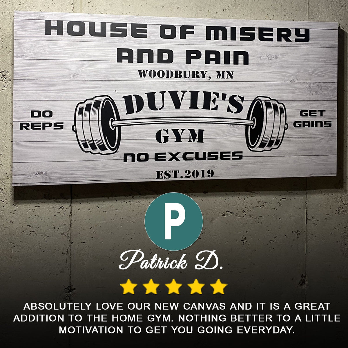 Gym Sign IV canvas by Tailored Canvases, rustic whitewashed wood panel with a barbell graphic on Tampa Home & Garden Store