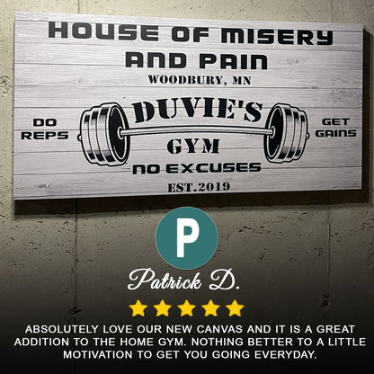 Gym Sign IV canvas by Tailored Canvases, rustic whitewashed wood panel with a barbell graphic on Tampa Home & Garden Store