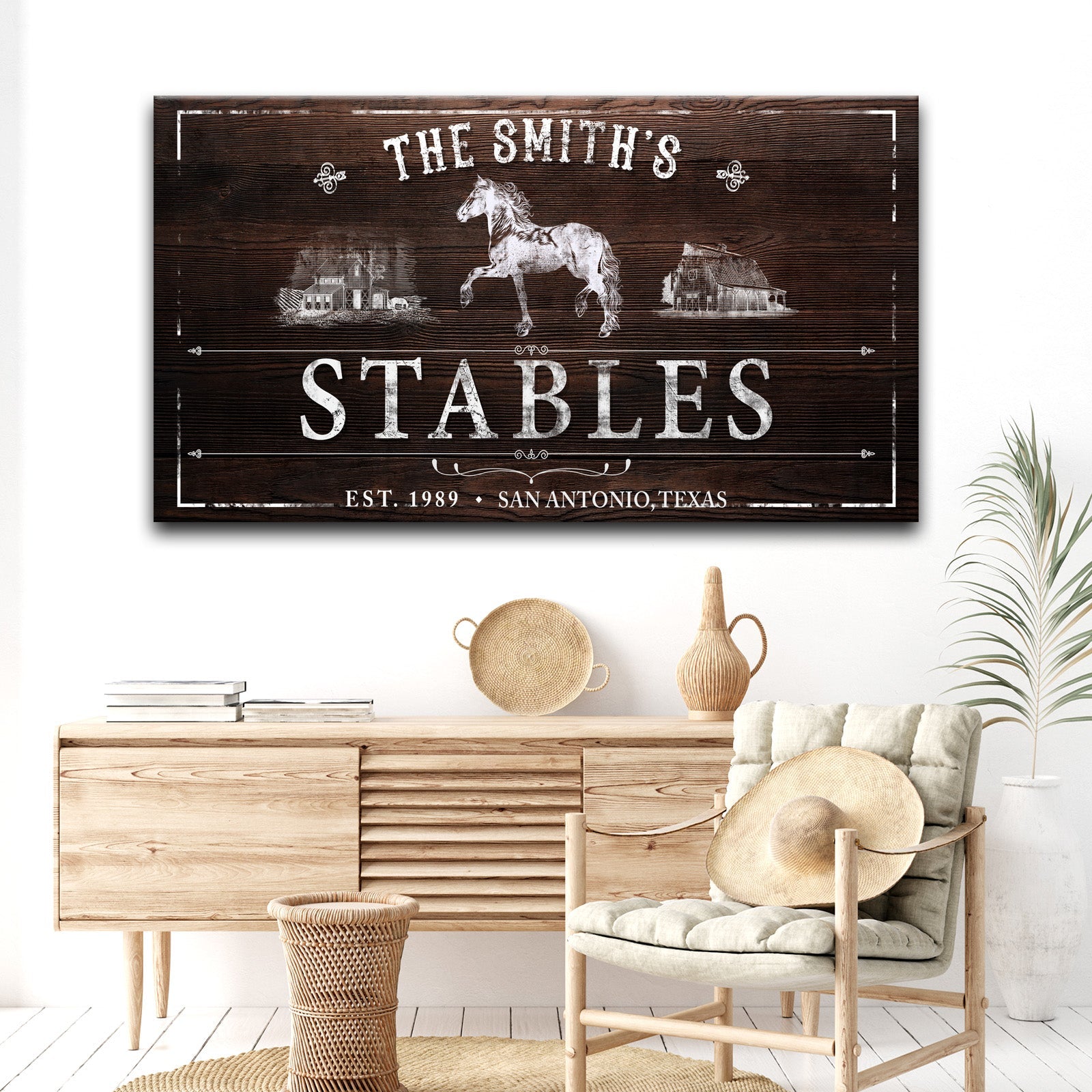 Rustic Stables Decor Sign canvas with dark wood grain and white horse Tailored Canvases on Tampa Home & Garden Store