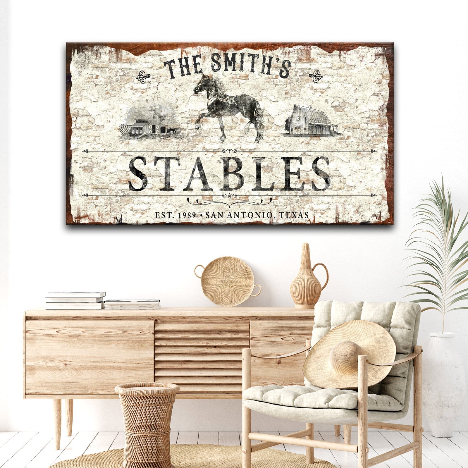 Rustic Stables Decor Sign canvas with horse illustration brick backdrop Tailored Canvases on Tampa Home & Garden Store