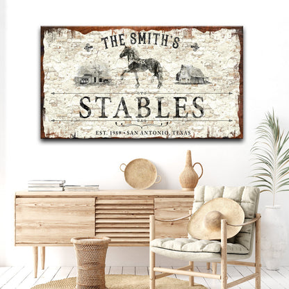 Rustic Stables Decor Sign canvas with horse illustration brick backdrop Tailored Canvases on Tampa Home & Garden Store