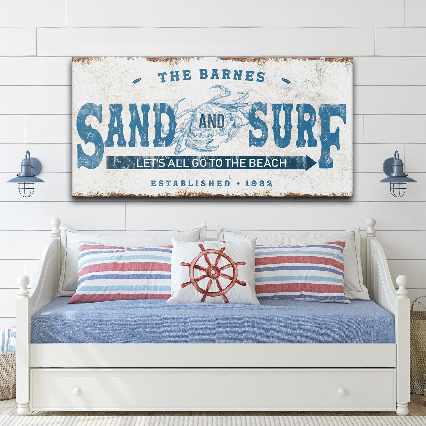 Sand and Surf Sign canvas by Tailored Canvases with distressed blue type and crab graphic on beach on Tampa Home & Garden Store