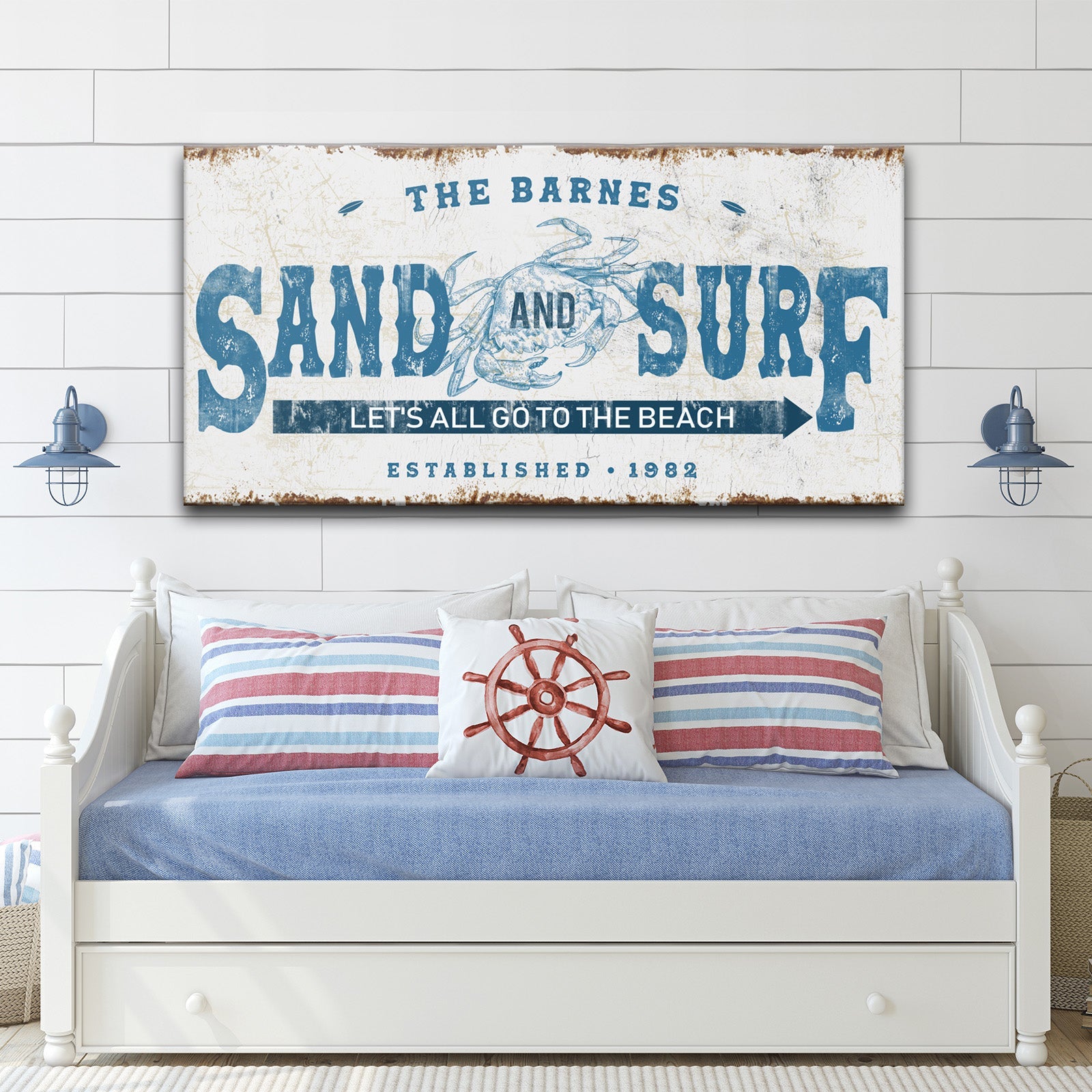 Sand and Surf Sign canvas by Tailored Canvases with distressed blue type and crab graphic on beach on Tampa Home & Garden Store