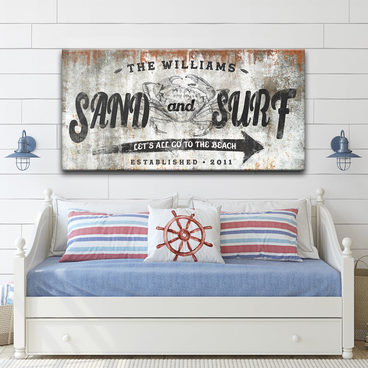 Sand and Surf Sign canvas wall art with weathered gray rustic finish and crab illustration on Tampa Home & Garden Store