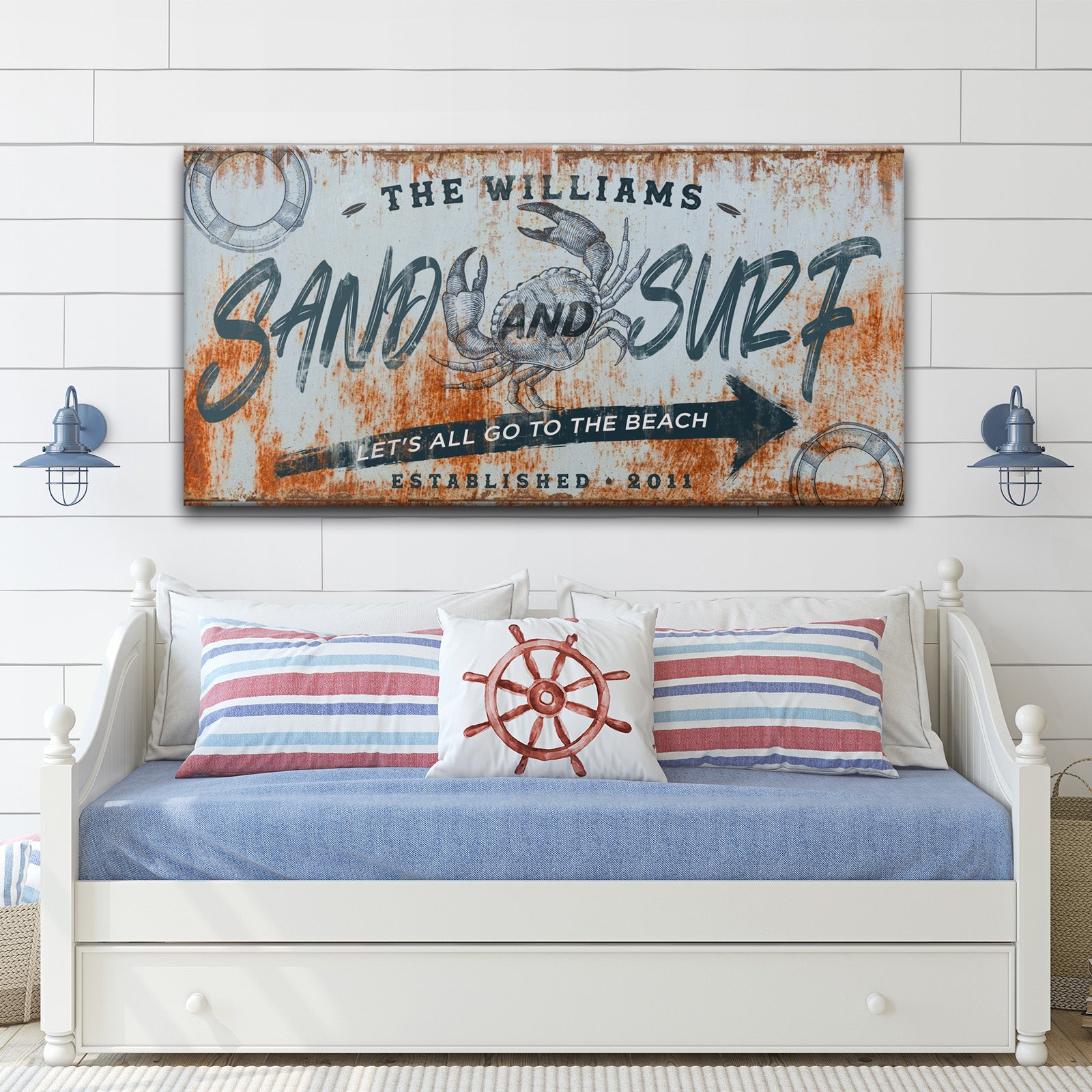 Sand and Surf Canvas sign by Tailored Canvases, rusted nautical backdrop with crab accent on Tampa Home & Garden Store