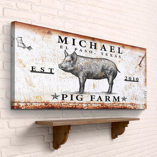 Pig Farm Sign canvas by Tailored Canvases, rustic pig illustration on craft canvas on Tampa Home & Garden Store